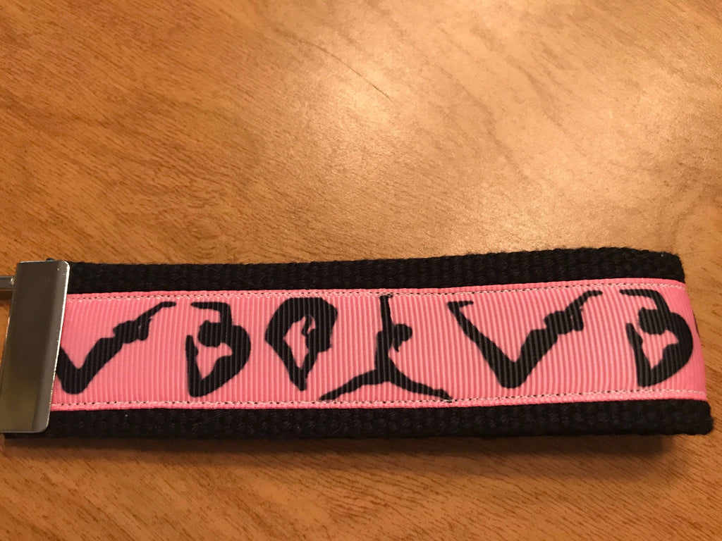 Pink and Black Gymnastics Cotton Webbing Keychain/ Wristlet/ Keyfob