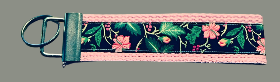 Hawaiian Hibiscus Pink and Black Webbing Keychain/ Keyfob