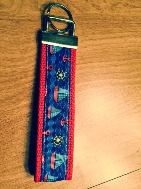 Blue, Red, and Yellow Sailboat and Nautical Cotton Webbing Keychain/ Keyfob/ Wrislet