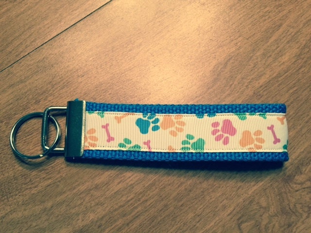 Blue and White Pawprints and Bones Cotton Webbing Keychain/ Keyfob/ Wristlet