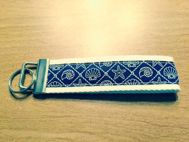 Navy and White Seashell Webbing Keychain/ Key Fob