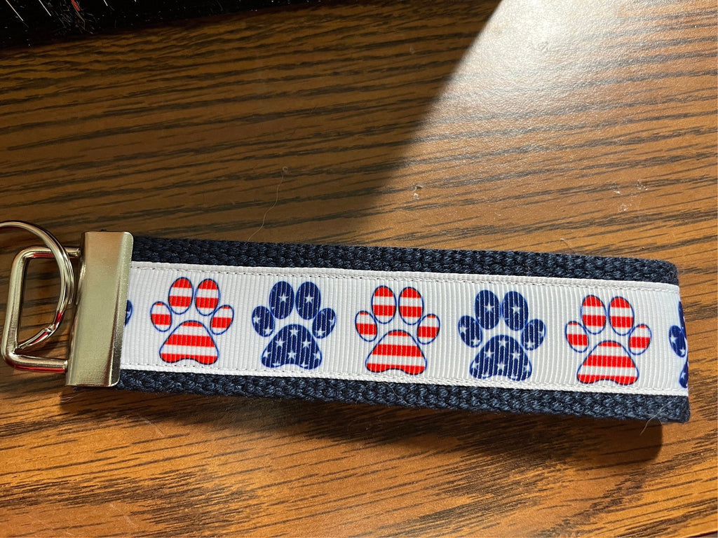 Red, White and Blue Paw Print Cotton Webbing Keychain/ Keyfob/ Wristlet