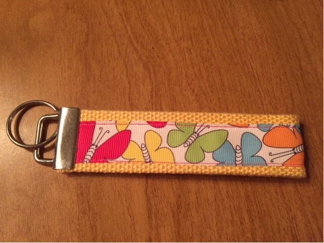 White and Yellow Rainbow Butterflies Cotton Webbing Keychain/ Keyfob/ Wristlet