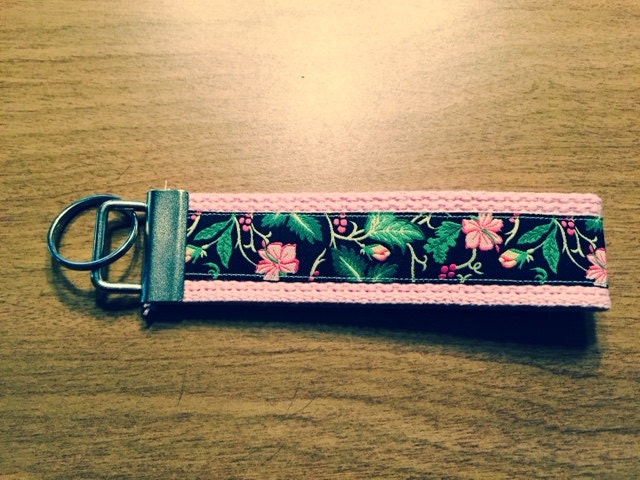 Hawaiian Hibiscus Pink and Black Webbing Keychain/ Keyfob