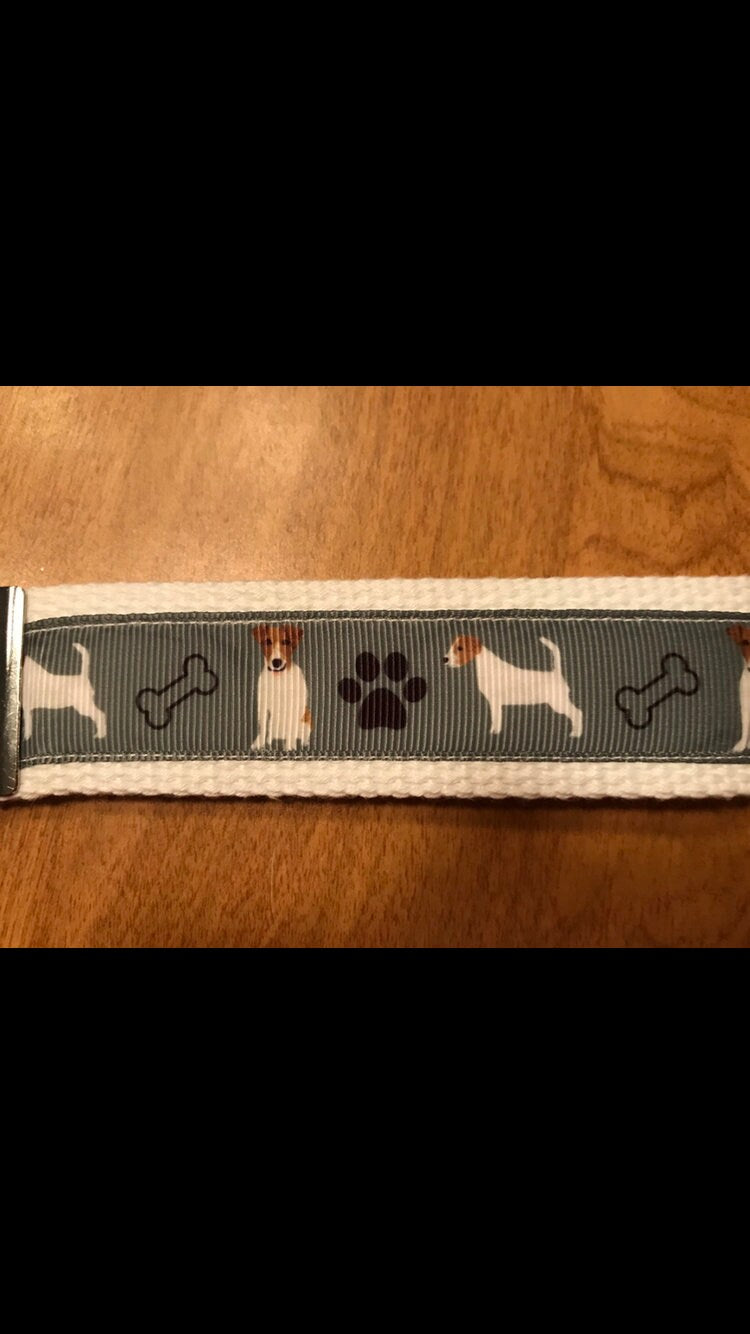 Jack Russell Terrier Wristlet Keychain – Durable Dog Lover Fabric Key Fob with Paw Prints & Bones