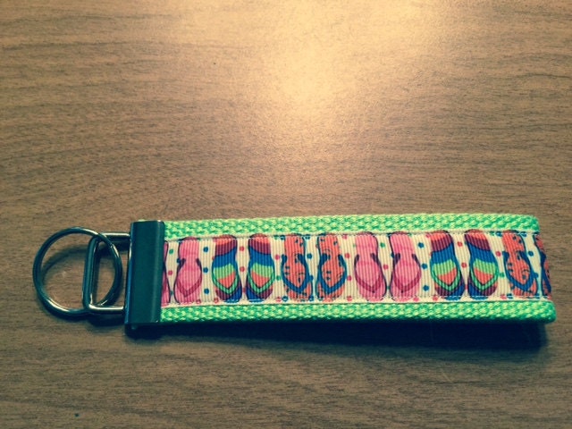 Flip Flop Fun Polka Dot and Light Green Webbing Keychain/ Key Fob