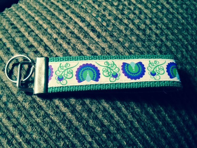 White and Green Peacock Webbing Keychain/ Keyfob/ Wristlet