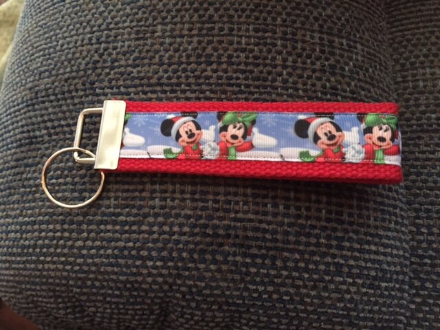 Mickey and Minnie Mouse Red Winter Cotton Webbing Keychain/ Keyfob/ Wristlet