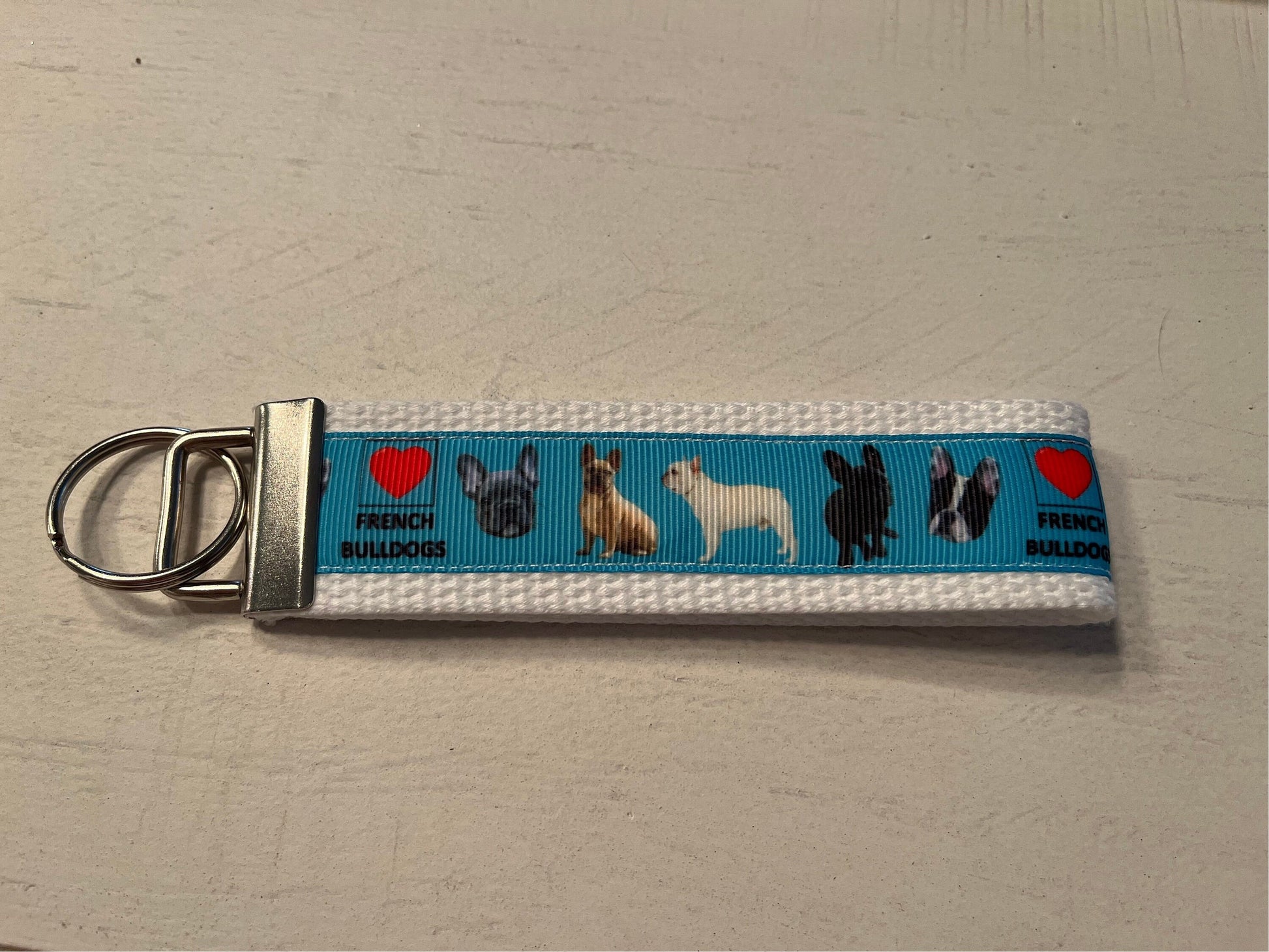 Blue and white Frech Bulldog Cotton Webbing Keychain/ Keyfob/ Wristlet
