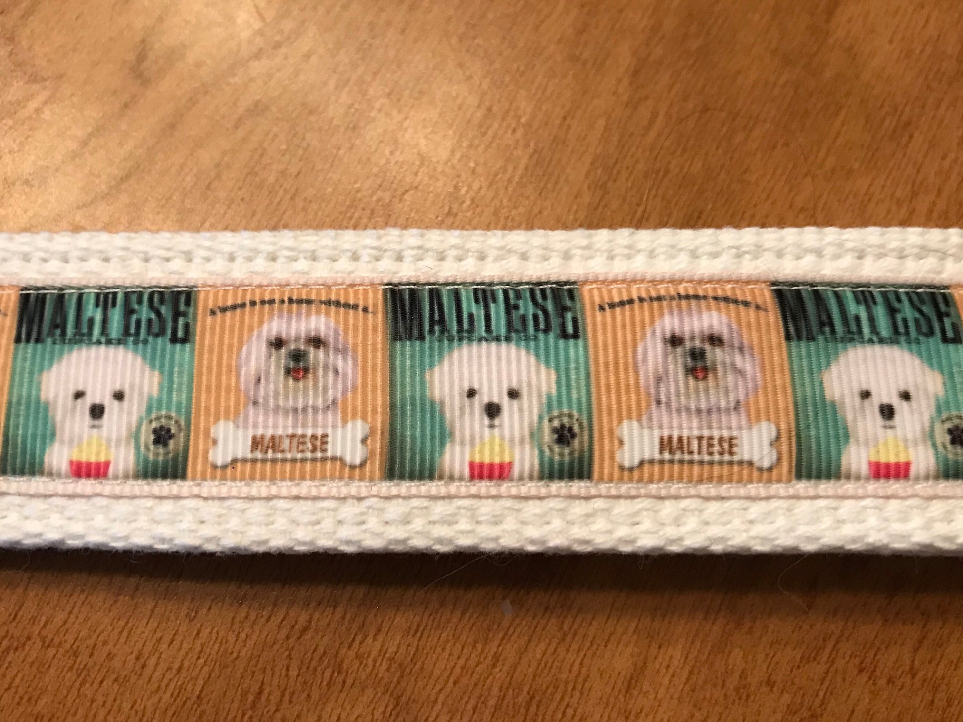 White, Green & Tan Maltese Cotton Webbing Keychain, Keyfob Wristlet
