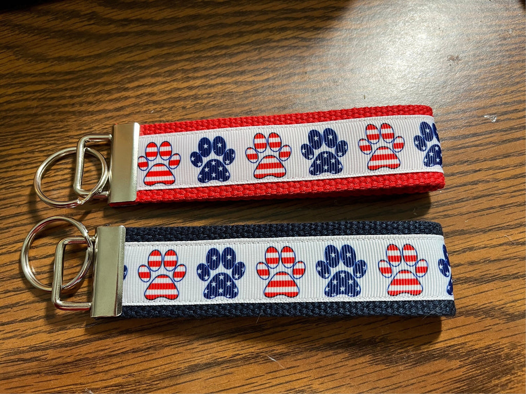 Red, White and Blue Paw Print Cotton Webbing Keychain/ Keyfob/ Wristlet