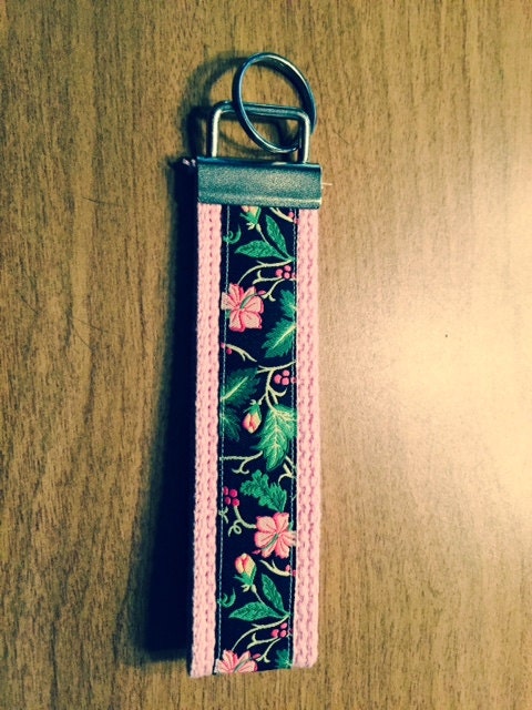 Hawaiian Hibiscus Pink and Black Webbing Keychain/ Keyfob