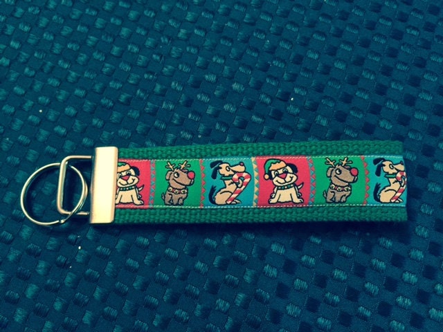 Green Doggone Christmas Cotton Webbing Keychain/ Keyfob/ Wristlet