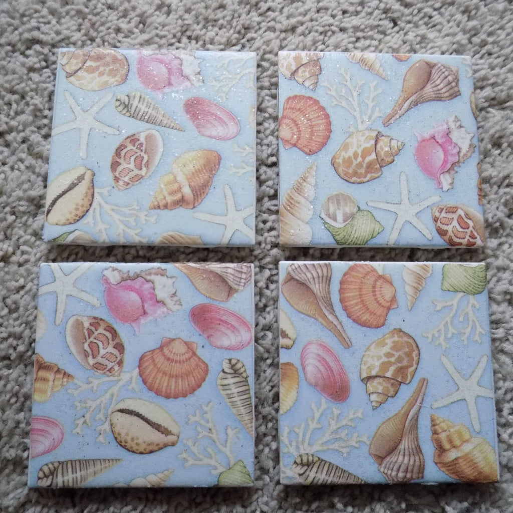 Light Blue Sea Shell Ceramic Tile Coasters (set of 4)
