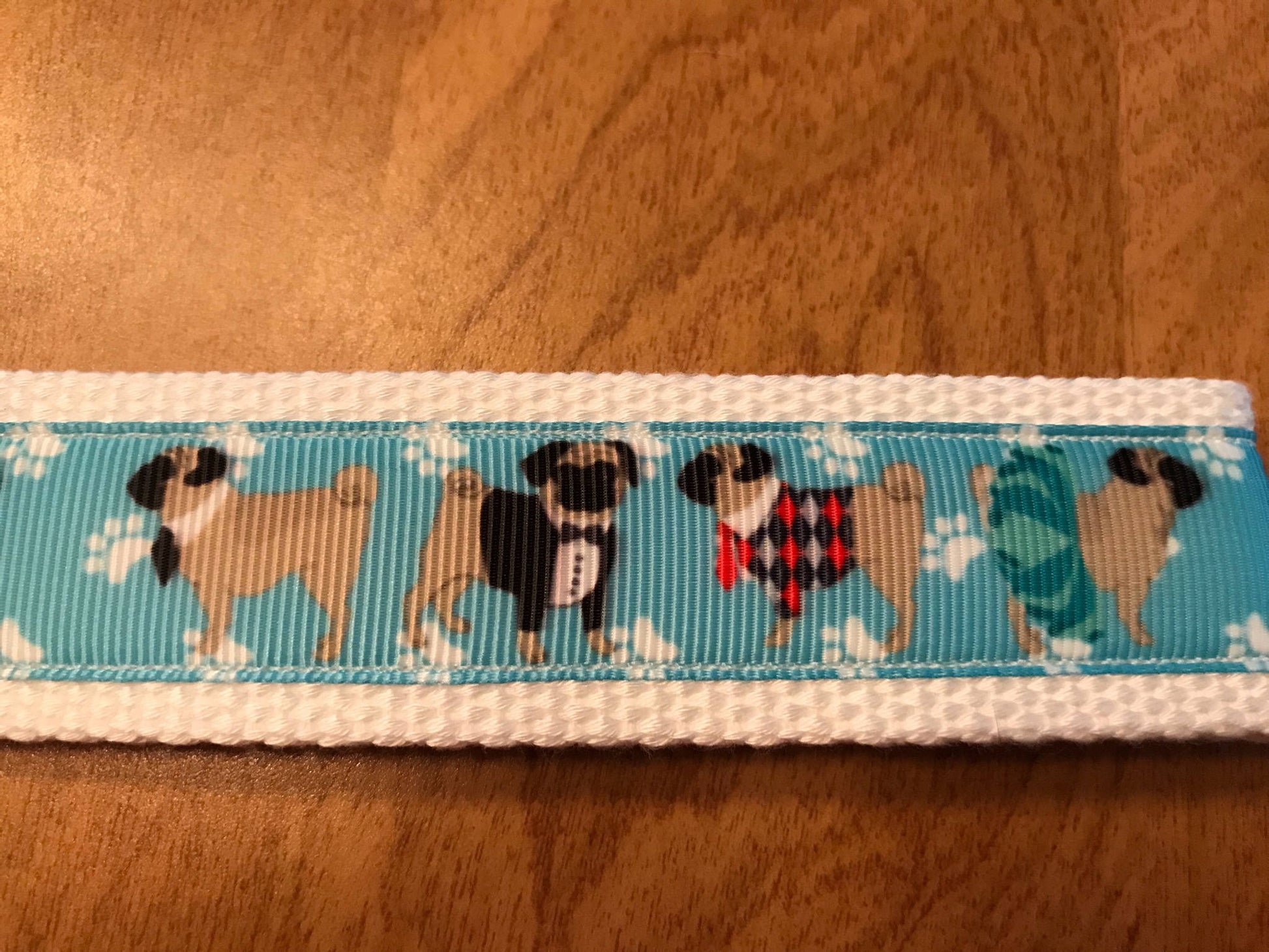 White and Blue Pug Cotton Webbing Keychain/ Keyfob/ Wristlet
