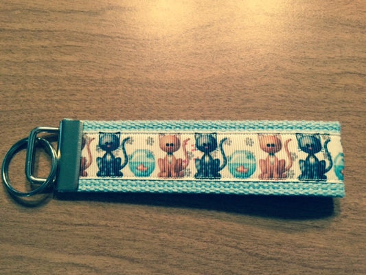 Cats and Goldfish Cotton Webbing Keychain/ Wristlet/ Keyfob