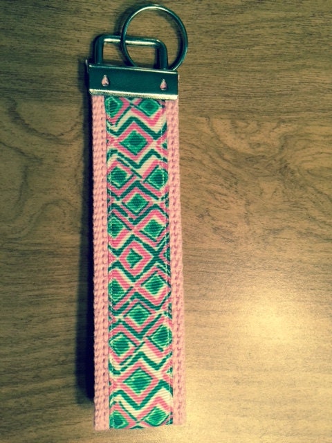 Pink and Green Geometric Cotton Webbing Keychain/ Keyfob/ Wrislet
