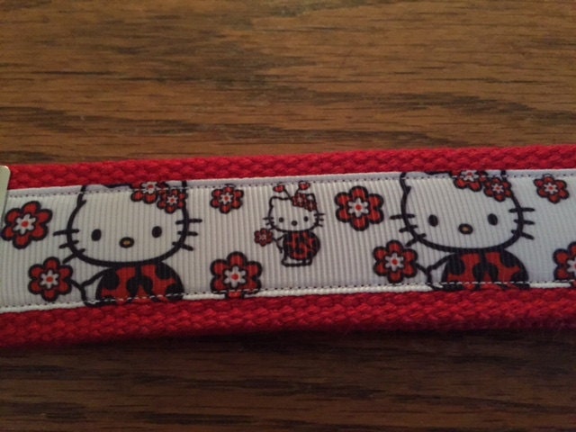 Kitty Red and White Ladybug and Flowers Cotton Webbing Keychain/ Keyfob/ Wristlet