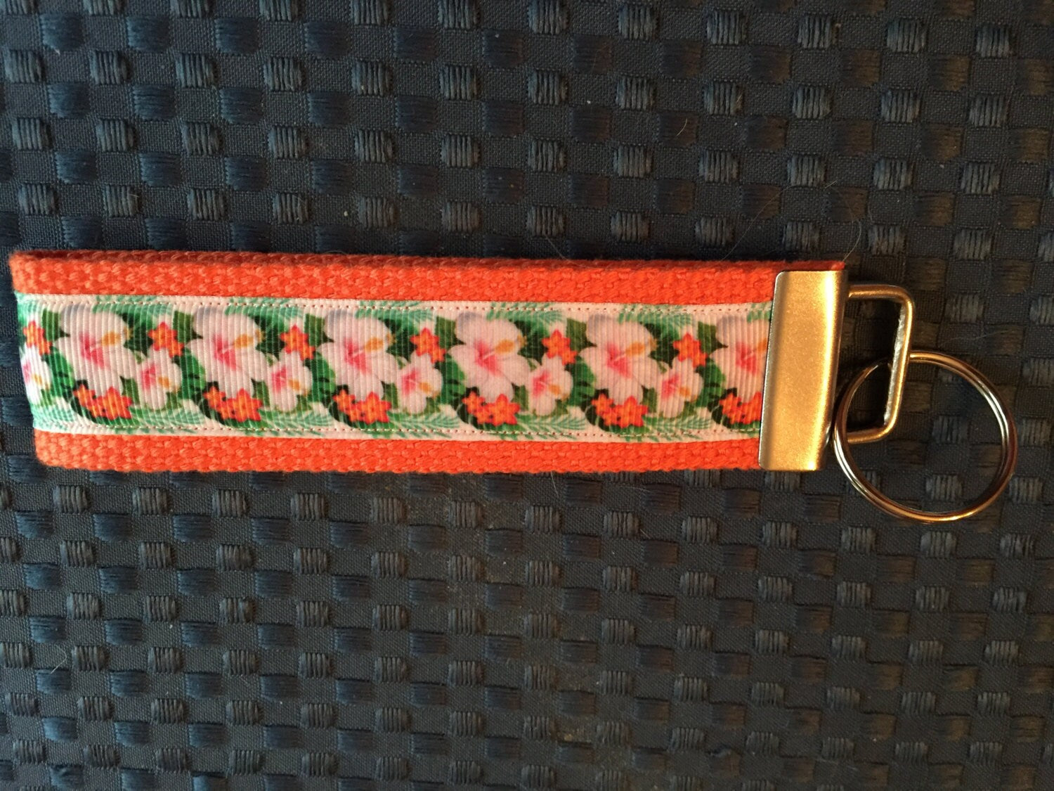 Hibiscus Pink and Orange Webbing Keychain/ Key fob