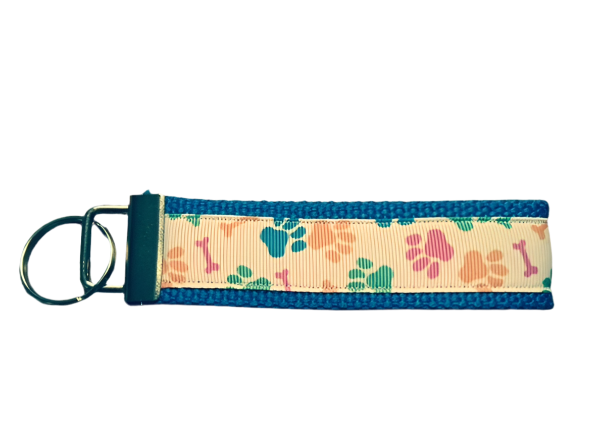 Blue and White Pawprints and Bones Cotton Webbing Keychain/ Keyfob/ Wristlet