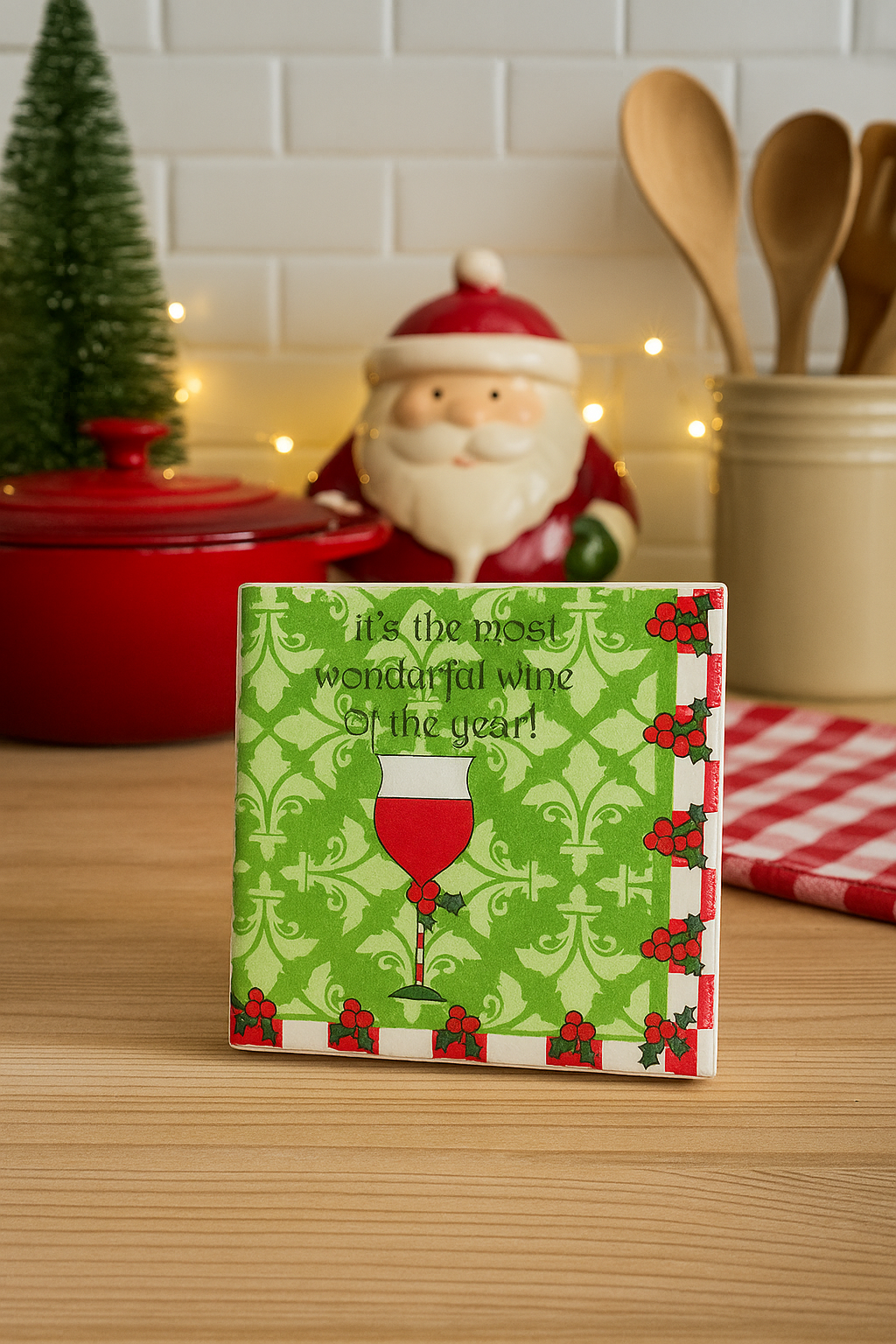Christmas Wine Coasters – “It’s the Most Wonderful Wine of the Year” – Set of 4 Ceramic Holiday Drink Coasters