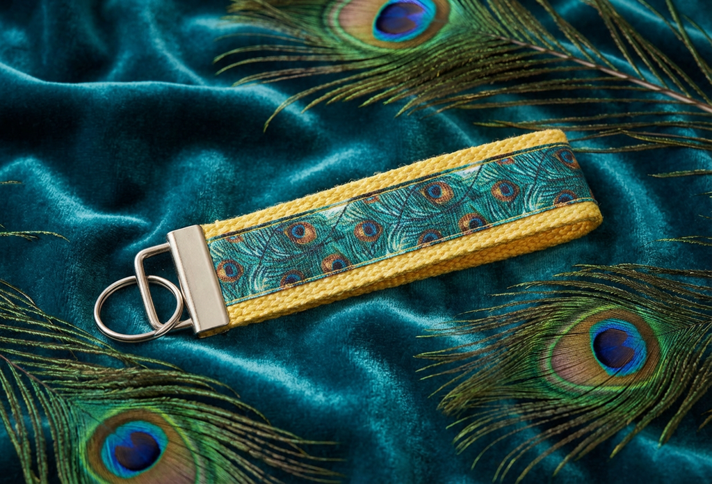 🦚 Peacock Feather Wristlet Keychain – Boho Key Fob – Vibrant Blue & Green Lanyard – Handmade Gift for Women – Bohemian Accessory