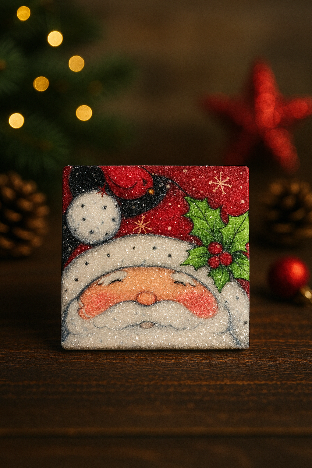 🎅✨ Sparkly Santa Christmas Coaster Set – Holiday Drink Coasters (Set of 4)
