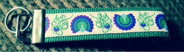 White and Green Peacock Webbing Keychain/ Keyfob/ Wristlet
