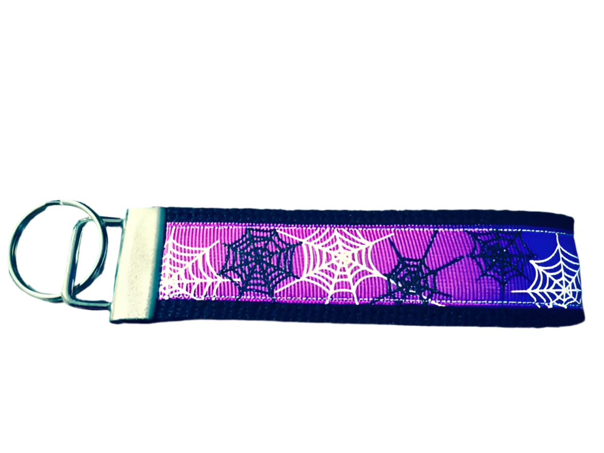 Black, White and Purple Spiderweb Cotton Webbing Keychain/ Wristlet/ Keyfob