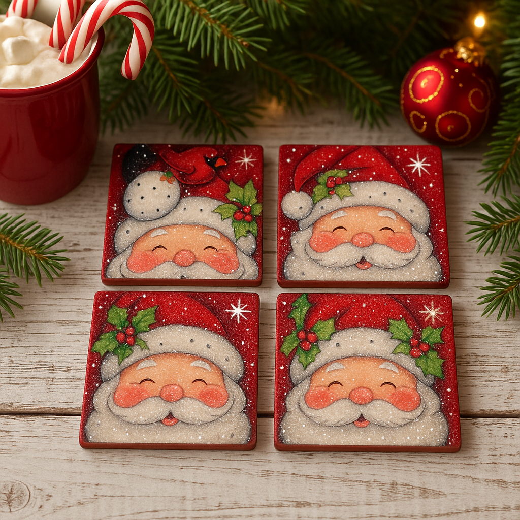 🎅✨ Sparkly Santa Christmas Coaster Set – Holiday Drink Coasters (Set of 4)