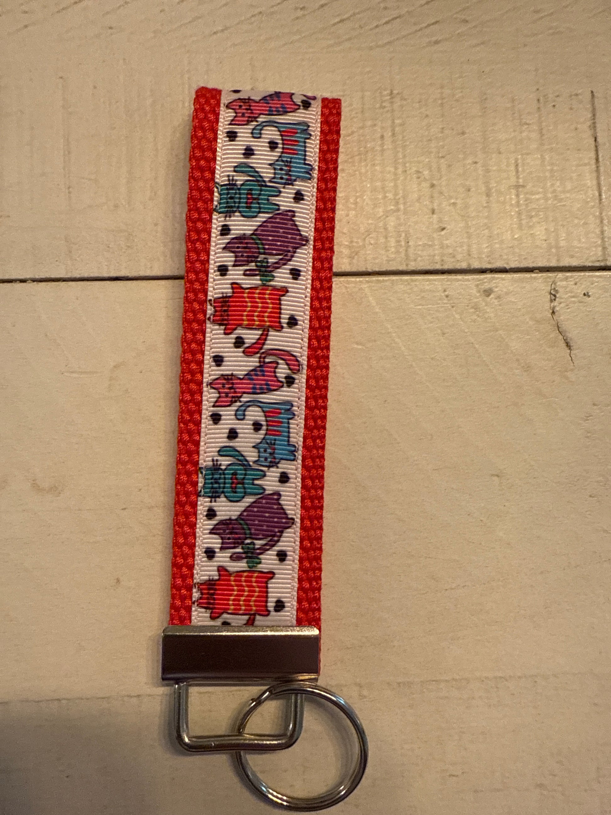 Blue and White Cat Lover Cotton Webbing Keychain/ Keyfob/ Wristlet
