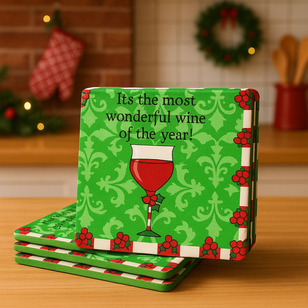 Christmas Wine Coasters – “It’s the Most Wonderful Wine of the Year” – Set of 4 Ceramic Holiday Drink Coasters
