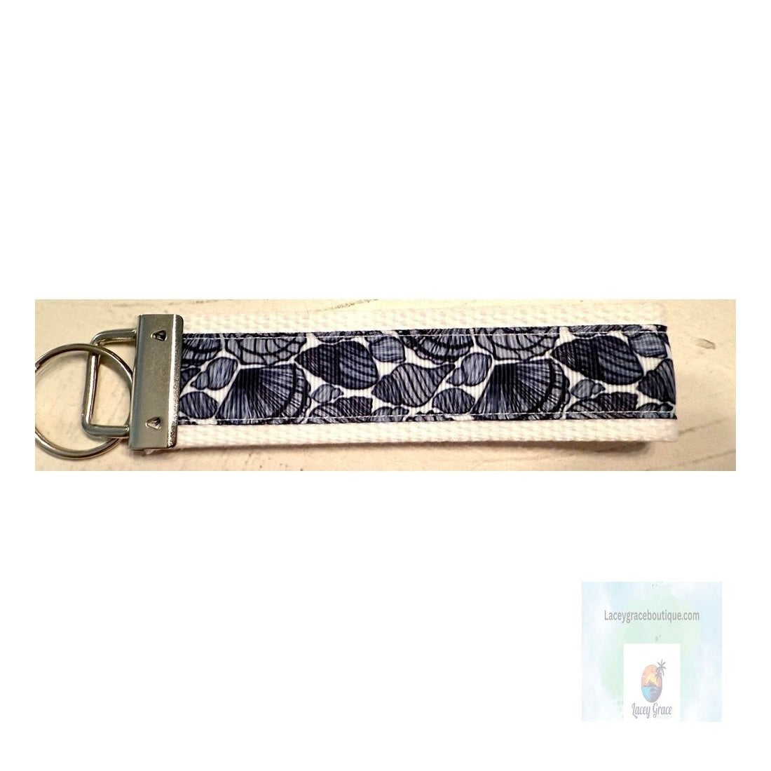 Blue & White Sea Shell Cotton Webbing Keychain/Keyfob/Wristlet