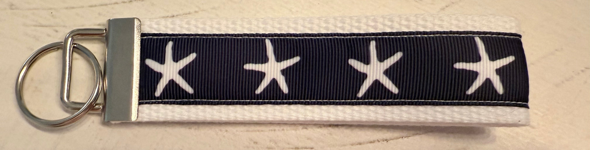 Blue and White Starfish Cotton Webbing Keychain/ Keyfob/ Wristlet