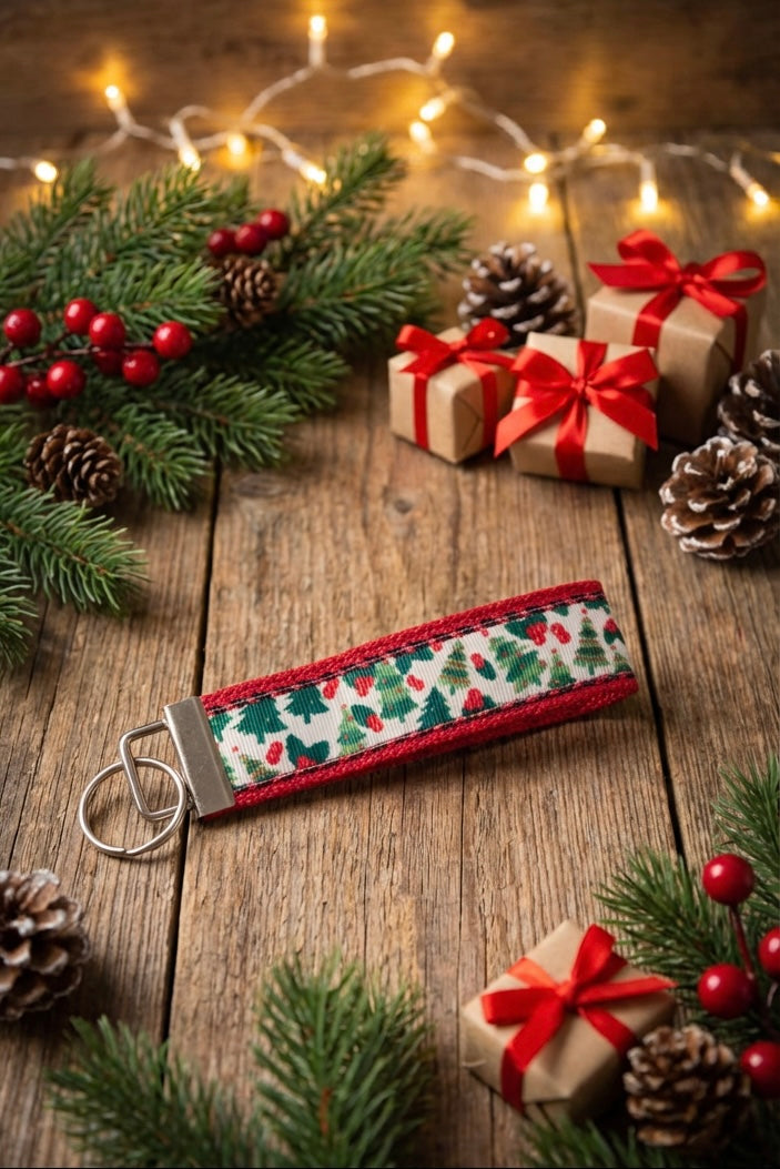 🎄 Christmas Holiday Wristlet Keychain – Festive Pine Tree & Holly Pattern – Perfect Stocking Stuffer!