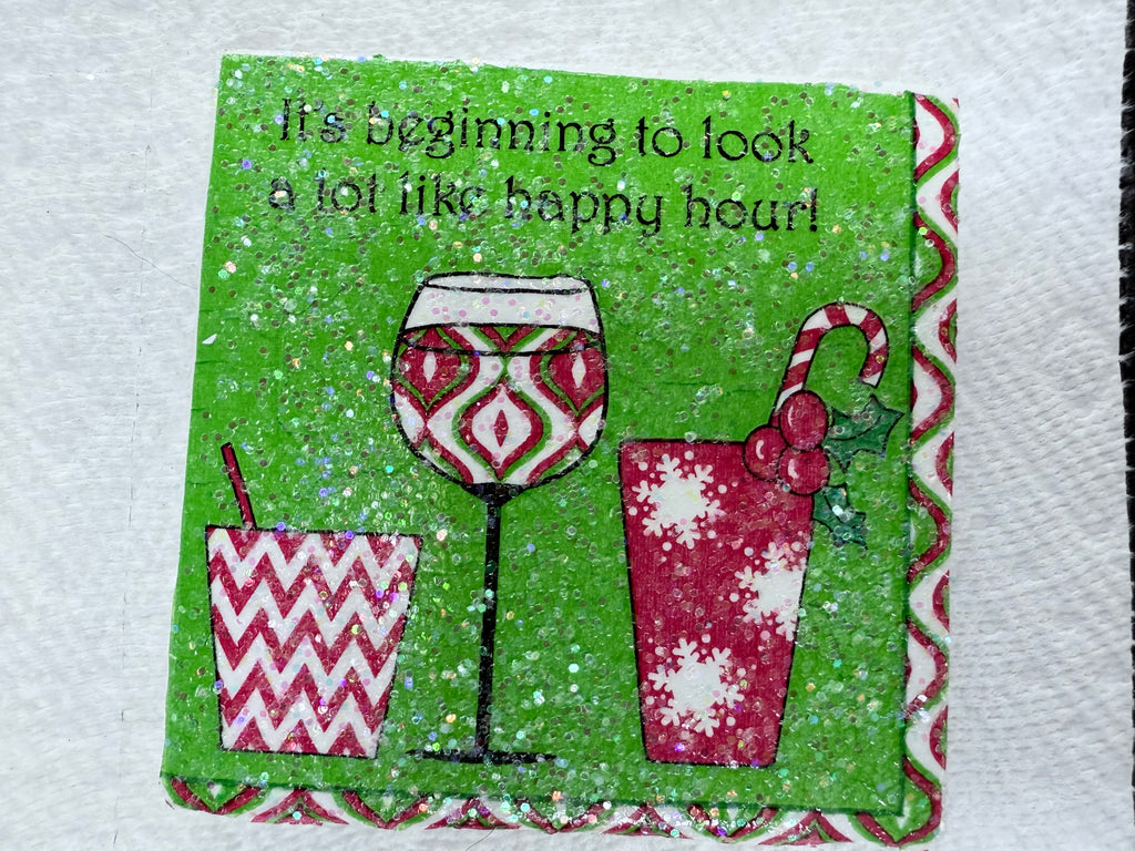 ✨ Holiday “Happy Hour” Coaster Set of 4 – Glittery Christmas Drink Design 🎄🍷
