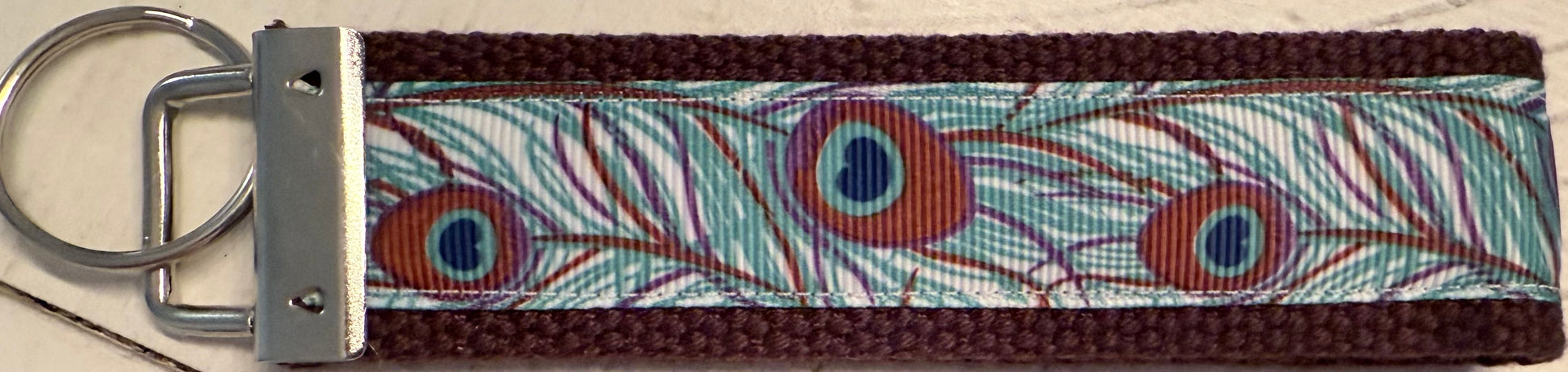 Blue, Brown and White Peacock Webbing Keychain/ Keyfob/ Wristlet