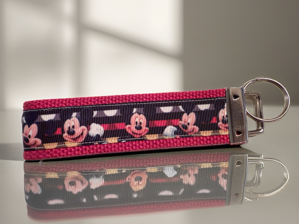 Classic Mickey-Inspired Keychain Wristlet – Red & Black Polka Dot Fabric Key Fob