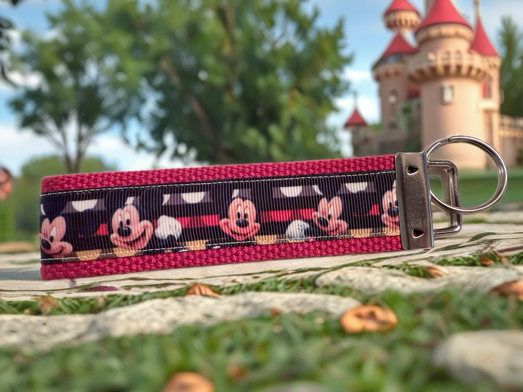 Classic Mickey-Inspired Keychain Wristlet – Red & Black Polka Dot Fabric Key Fob