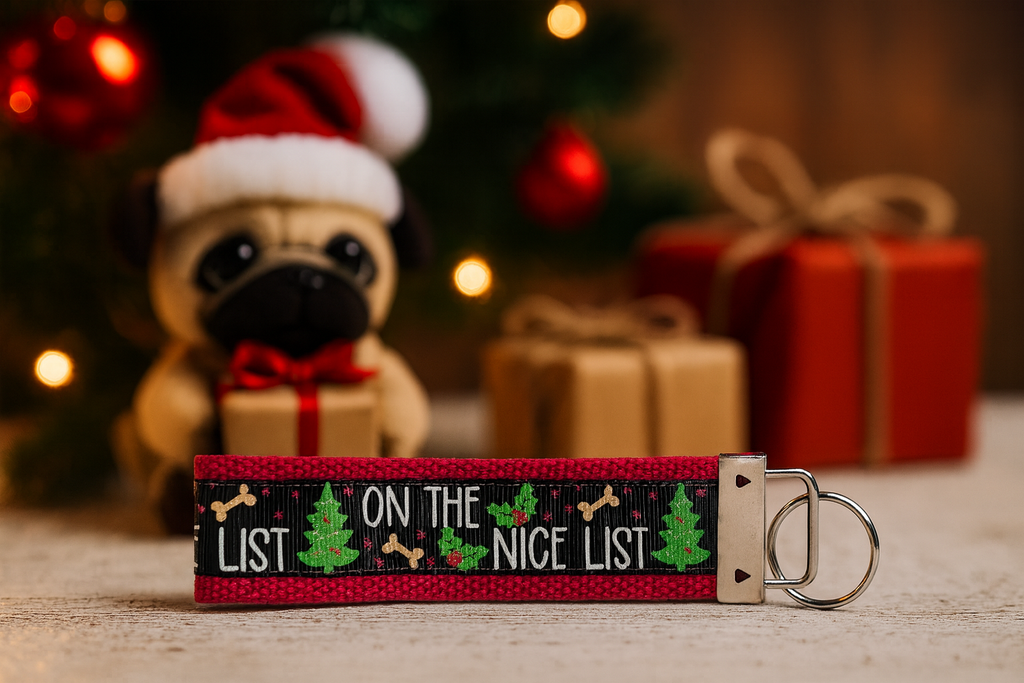 🎄 On the Nice List Christmas Dog Keychain – Festive Holiday Pet Lover Gift