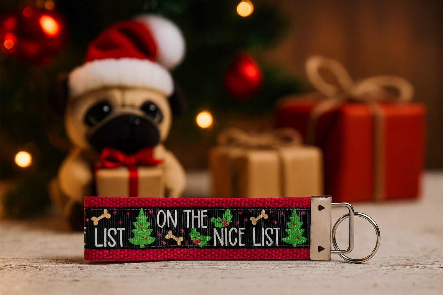 🎄 On the Nice List Christmas Dog Keychain – Festive Holiday Pet Lover Gift