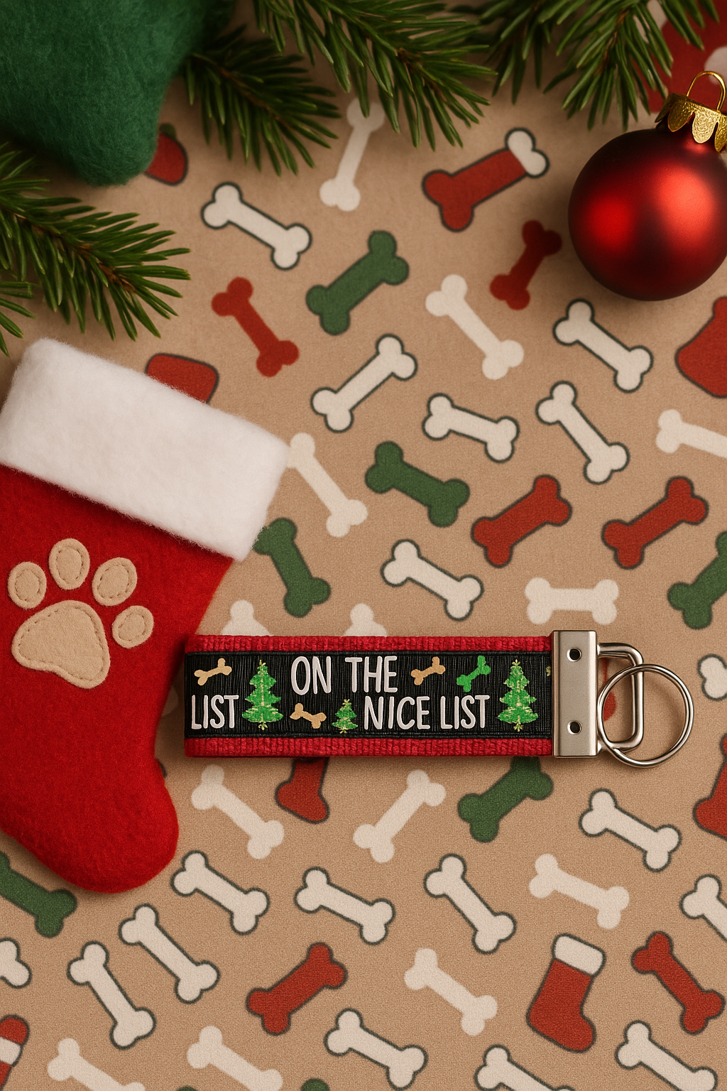 🎄 On the Nice List Christmas Dog Keychain – Festive Holiday Pet Lover Gift