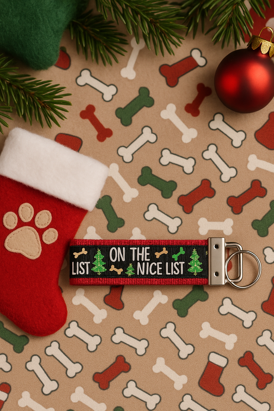 🎄 On the Nice List Christmas Dog Keychain – Festive Holiday Pet Lover Gift