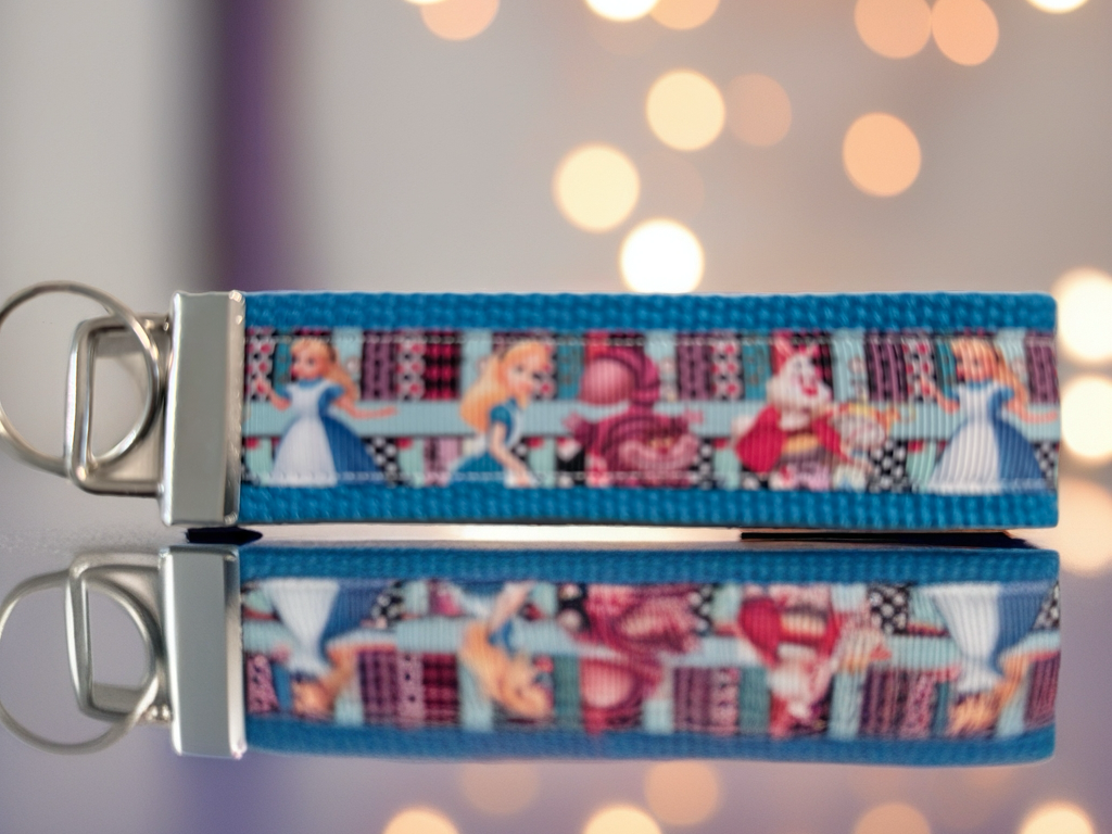 🩵 Alice in Wonderland Keychain Wristlet – Handmade Wonderland Gift | Blue Fabric Wristlet for Keys, Bags & Lanyards