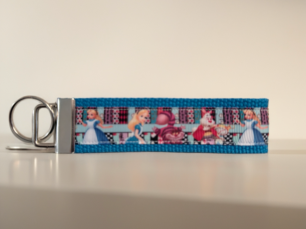 🩵 Alice in Wonderland Keychain Wristlet – Handmade Wonderland Gift | Blue Fabric Wristlet for Keys, Bags & Lanyards