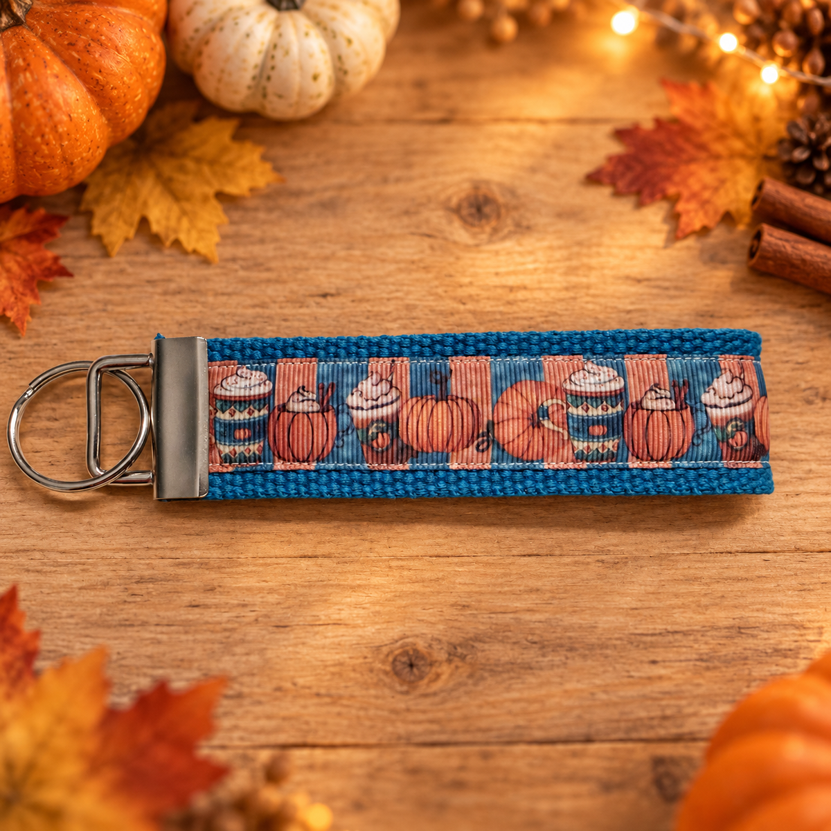 Fall Pumpkin & Coffee Wristlet Keychain | Handmade Autumn Key Fob | Pumpkin Spice Gift