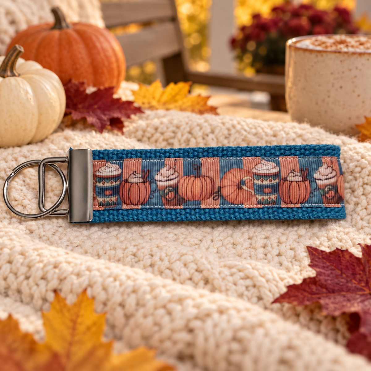 Fall Pumpkin & Coffee Wristlet Keychain | Handmade Autumn Key Fob | Pumpkin Spice Gift