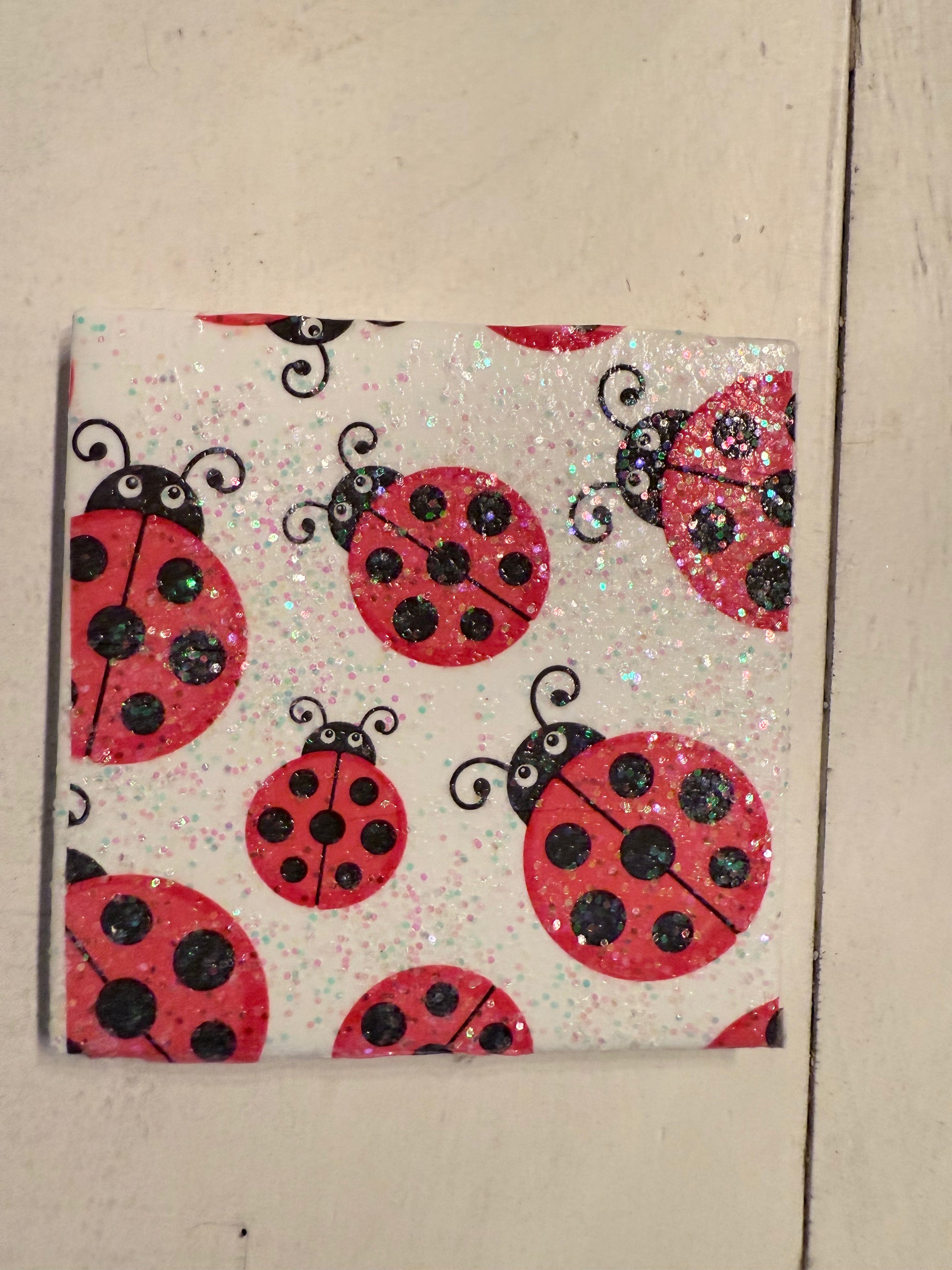 🐞 Ladybug Glitter Coaster Set – Garden Patio & Spring Decor (Set of 4)