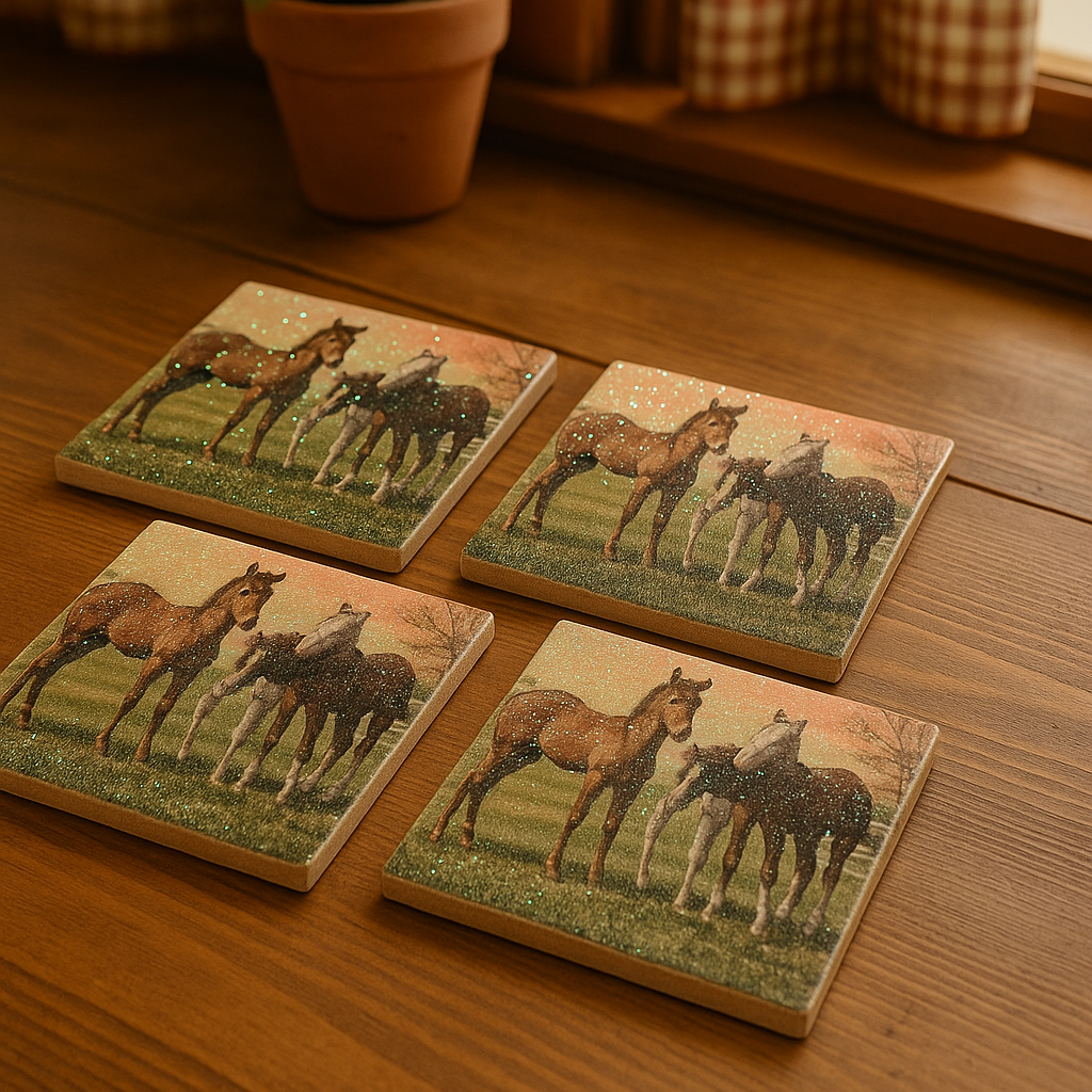 🐴 Glitter Horse Coaster Set – Rustic Country Farmhouse Decor (Set of 4)