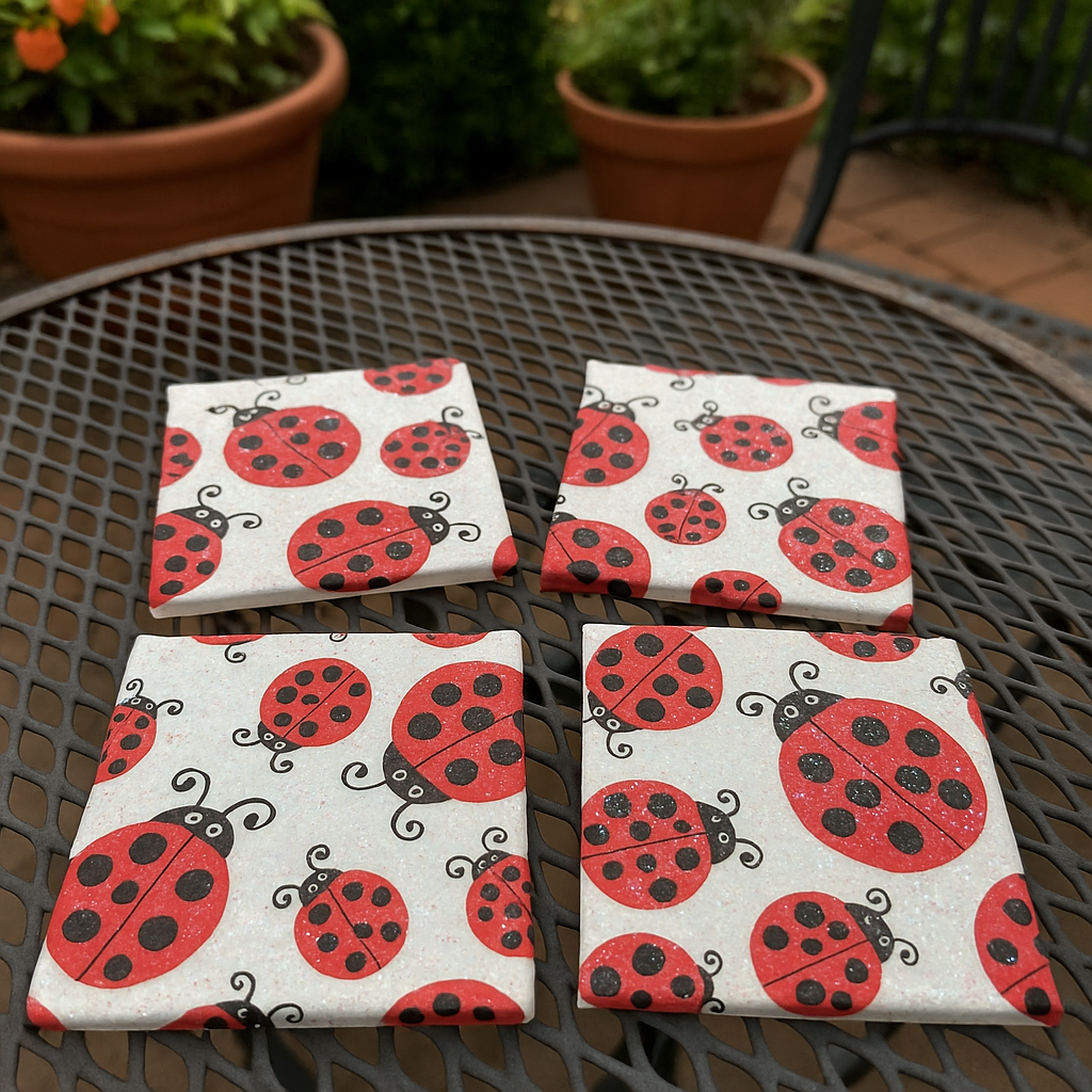 🐞 Ladybug Glitter Coaster Set – Garden Patio & Spring Decor (Set of 4)